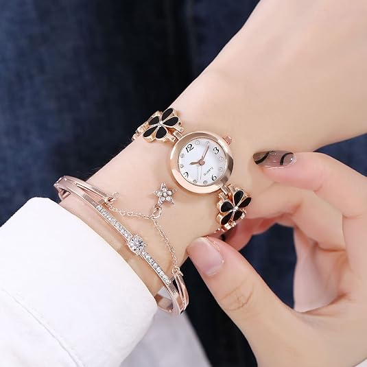 ONE:  Luxury Elegant Watch and Bracelet Set for Women:  Rhinestone with Bangles