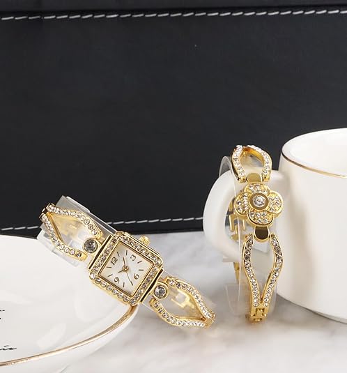 ONE:  Luxury Elegant Watch and Bracelet Set for Women:  Rhinestone with Bangles