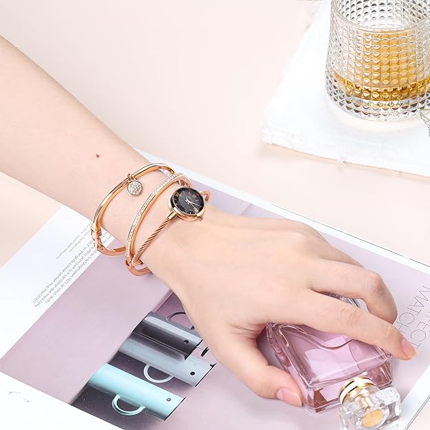 ONE:  Luxury Elegant Watch and Bracelet Set for Women:  Rhinestone with Bangles