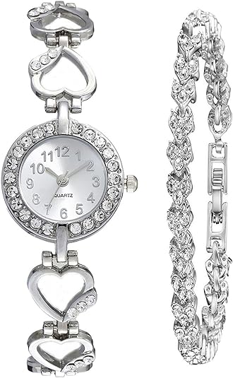ONE:  Luxury Elegant Watch and Bracelet Set for Women:  Rhinestone with Bangles