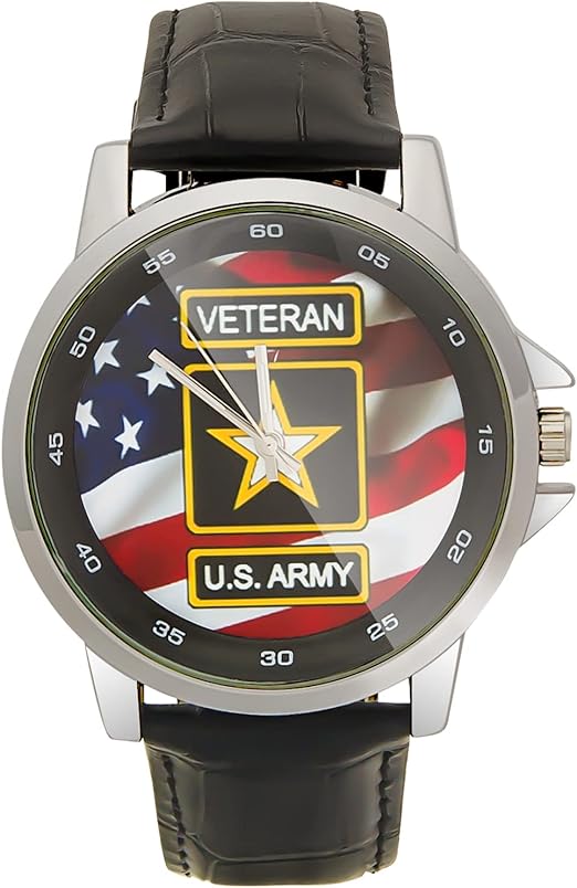 ONE: Wrist Watch Special Design Military US Army Veteran and American Flag Custom Unisex Stainless Steel Leather Strap Watch Metal Case, Tempered Glass, Black Leather Band