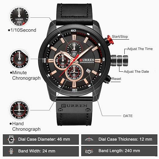 ONE:  Men's Watch Leather Strap Military Chronograph Waterproof Sport Wrist Date Quartz Wristwatch