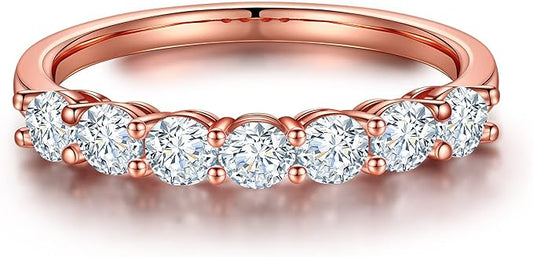 7 Stone's Moissanite Rings for Women, 3MM D Color VVS1 Clarity Lab Created Diamond Wedding Band 14K Rose Gold Vermeil