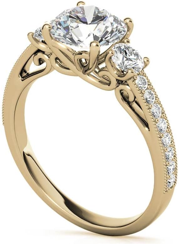 Moissanite Color: Yellow Gold round three-stone design with  accents. Main stone: 1 carat, 2 side stone: 0.5 carat, surrounded by some small moissanite.