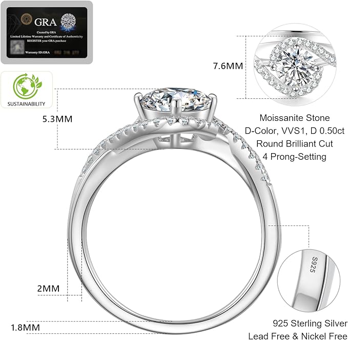 Moissanite Rings for Women, 0.5CT  Lab Created Diamond Engagement Rings, D Color VVS1 Clarity Brilliant Round Cut, White Gold Plated S925 Sterling Silver Wedding Ring