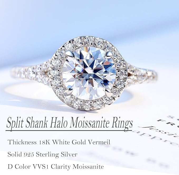 Split Shank Halo Moissanite Rings for Women, 1.2CT Round D Color VVS1 Clarity Lab Created Diamond Rings Thickness 18K White Gold Vermeil 925 Sterling Silver Moissanite Engagement Ring