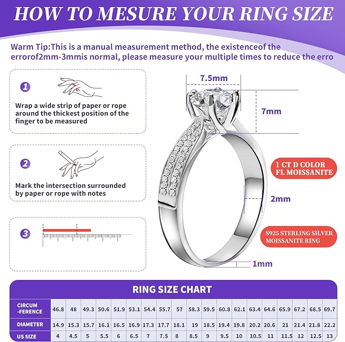 Moissanite Engagement Rings for Women,1.0/2.0 ct D Color Excellent Round Cut Moissanite Rings S925 Sterling Silver with 14K White Gold Plated