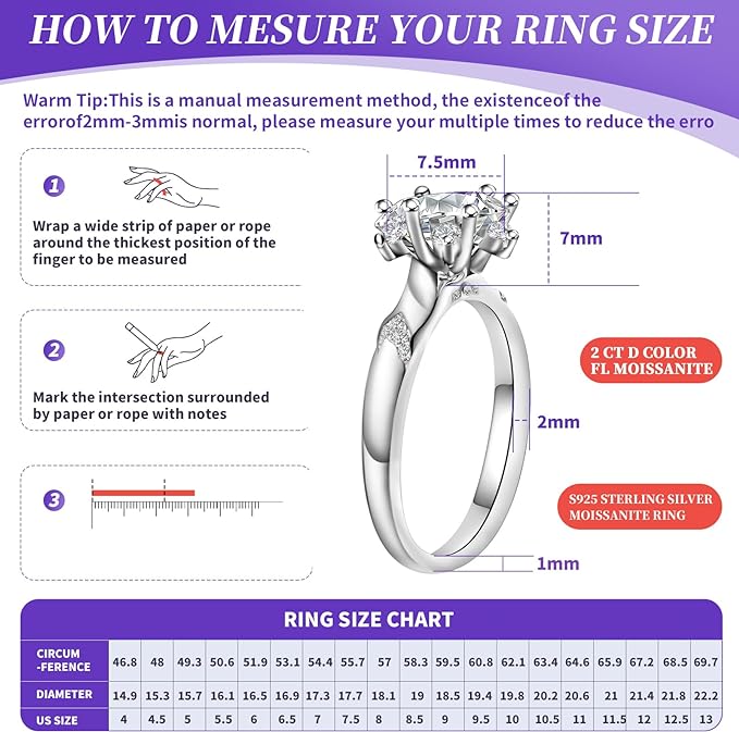 Moissanite Engagement Rings for Women, 2.0 ct Moissanite Wedding Rings S925 Sterling Silver with 14K White Gold Plated D Color FL Clarity Round Cut