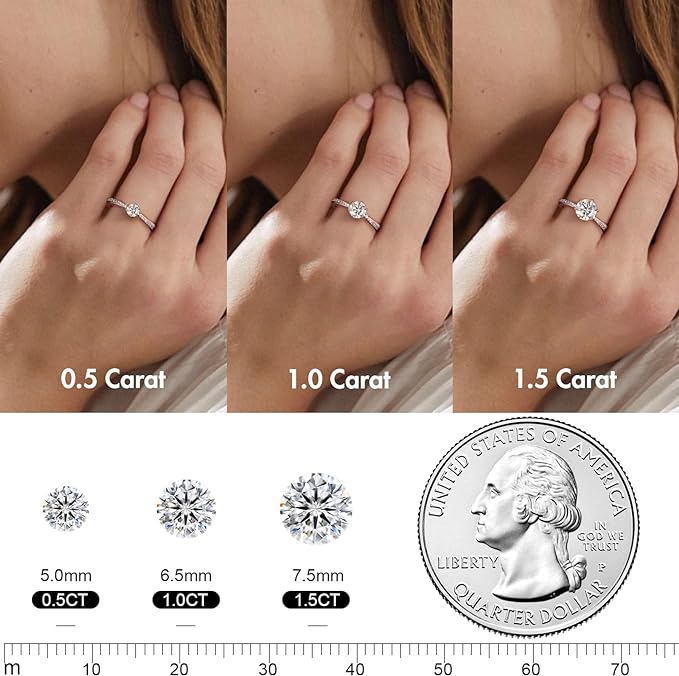 1.5ct Moissanite Rings for Women, Diamond Engagement Rings, 0.5ct,1ct,1.5ct D Color VVS1 Clarity Round Cut Lab Created Solitaire Rings in S925 Sterling Silver Plated with White Gold, Promise Bridal Wedding Ring