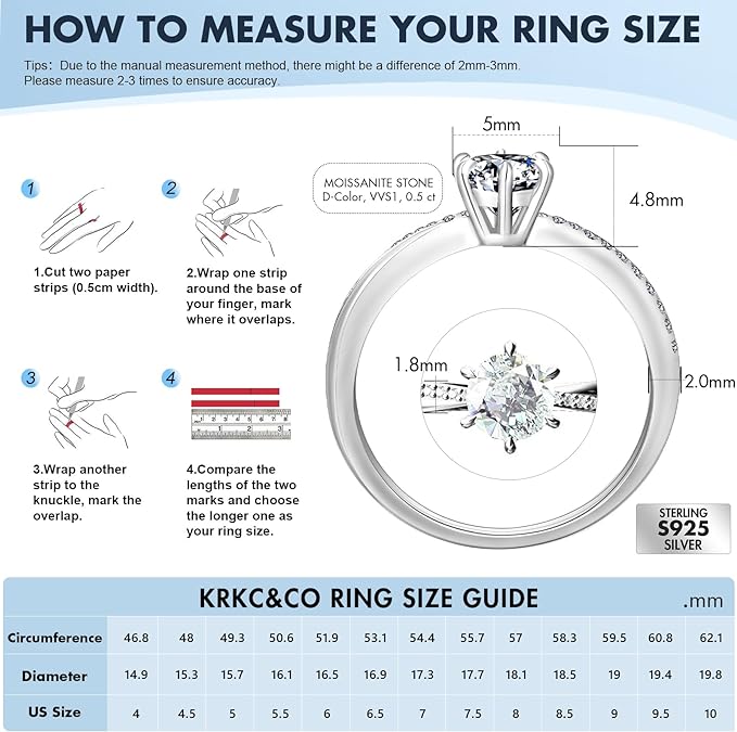 Moissanite Diamond Engagement Ring 1.0ct), 7.5mm(1.5ct). The center stone set in a classic 6 prong-setting D Color VVS1 Clarity Round Cut Lab Created Solitaire Rings in S925 Sterling Silver Plated with White Gold