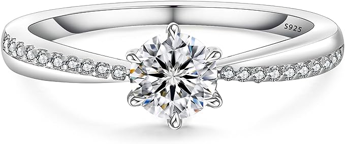 Moissanite Diamond Engagement Ring 1.0ct), 7.5mm(1.5ct). The center stone set in a classic 6 prong-setting D Color VVS1 Clarity Round Cut Lab Created Solitaire Rings in S925 Sterling Silver Plated with White Gold