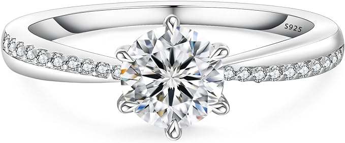 Moissanite Diamond Engagement Ring, 0.5ct,1ct,1.5ct D Color VVS1 Clarity Round Cut Lab Created Solitaire Rings in S925 Sterling Silver Plated with White Gold