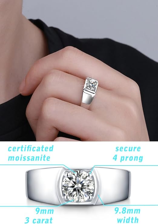 Moissanite S925 Solitaire Men's Engagement Ring, 2ct 3ct D Color VVS Clarity Round Brilliant Cut Lab Created Diamond Classic 4 Prong 925 Sterling Silver 18K Platinum Plated Size Adjustable with Certificate and Gift Box