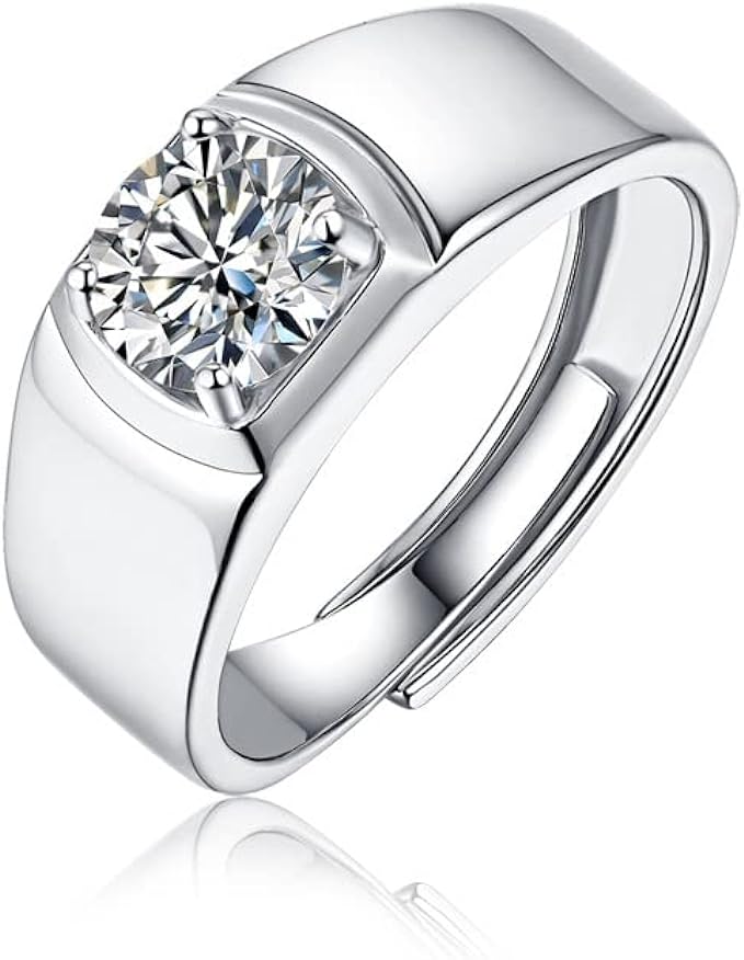 Moissanite S925 Solitaire Men's Engagement Ring, 2ct 3ct D Color VVS Clarity Round Brilliant Cut Lab Created Diamond Classic 4 Prong 925 Sterling Silver 18K Platinum Plated Size Adjustable with Certificate and Gift Box