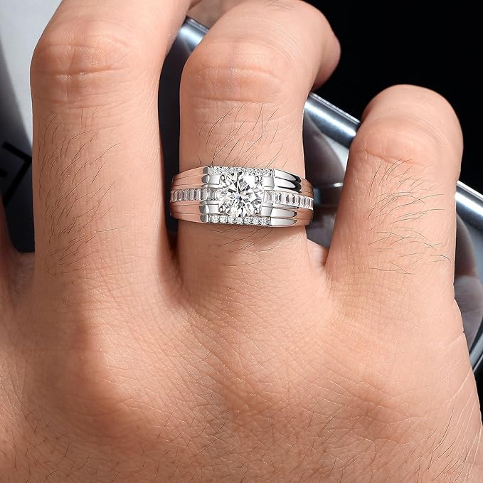 INZEN Men's Moissanite Solitaire Ring - 1 Carat D Color, 925 Sterling Silver Plated 18K White Gold, Size 7-11 With GRA Certificate