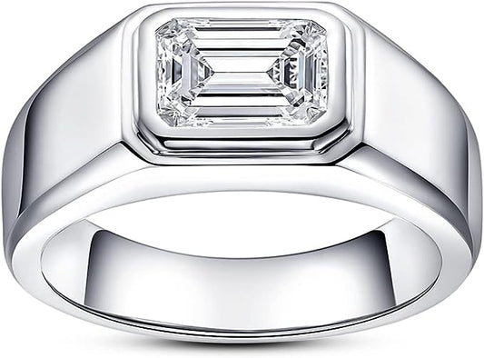 Emerald Cut Moissanite Engagement Ring 2cttw D Color Lab Created Diamond 14K White Gold Plated Sterling Silver Eternity Wedding Promise Anniversary Band Ring for Men