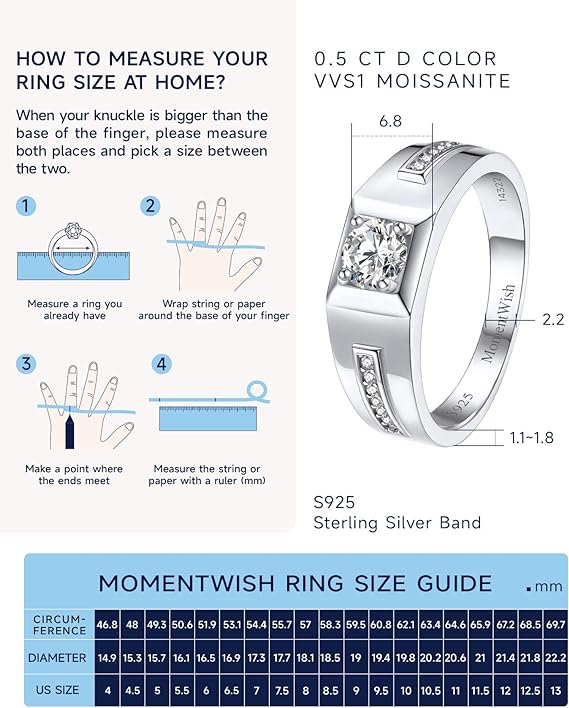 Men's Wedding Ring, 0.5Carat Moissanite Engagement, D Color VVS1 Simulated Diamond 925 Sterling Silver Ring