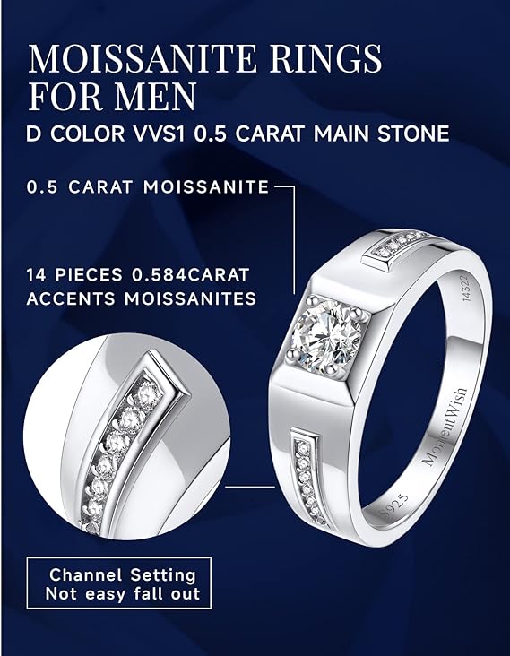 Men's Wedding Ring, 0.5Carat Moissanite Engagement, D Color VVS1 Simulated Diamond 925 Sterling Silver Ring