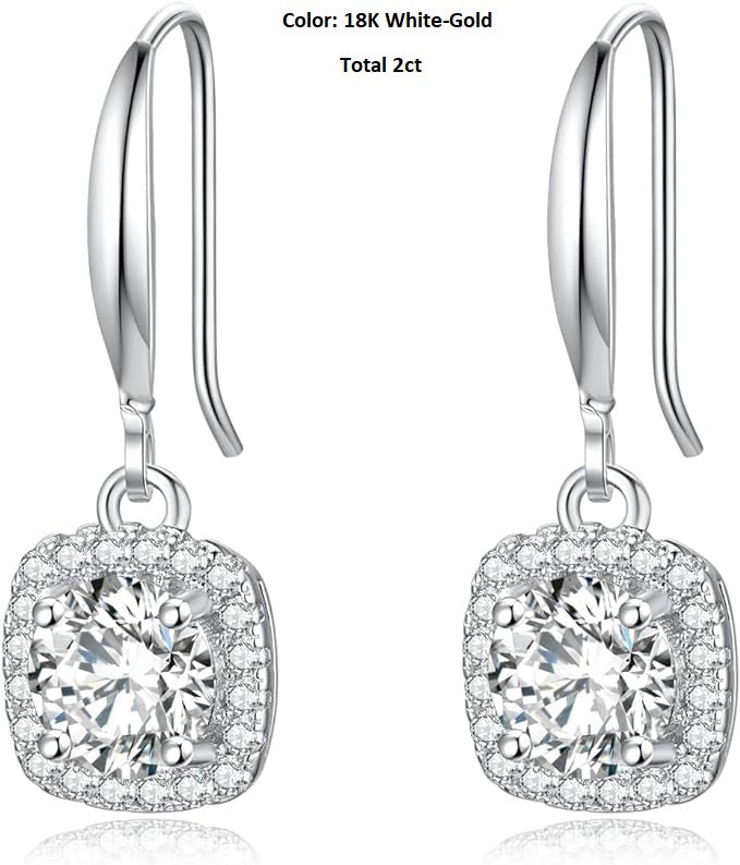 ONE PAIR: 18K White Gold Plated in 925 Sterling Silver Dangle Drop Earrings HIGH QUALITY MOISSANITE DIAMOND Brilliant ROUND Cut 2ct