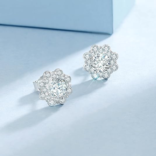ONE PAIR: 18K White Gold Plated in 925 Sterling Silver Stud Earrings HIGH QUALITY MOISSANITE DIAMOND Brilliant ROUND Cut