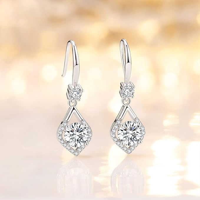 ONE PAIR: 18K White Gold Plated in 925 Sterling Silver Dangle Drop Earrings HIGH QUALITY MOISSANITE DIAMOND Brilliant ROUND Cut 4ct