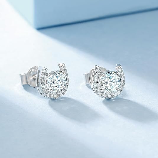 ONE PAIR: 18K White Gold Plated in 925 Sterling Silver Stud Earrings HIGH QUALITY MOISSANITE DIAMOND Brilliant ROUND Cut 1 Carats-Horseshoe