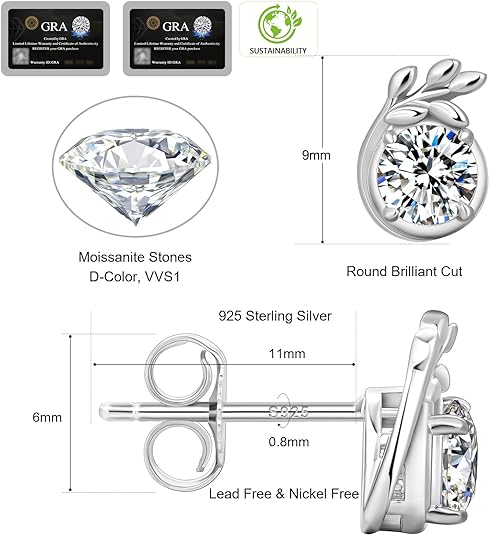 ONE PAIR: 18K White Gold Plated in 925 Sterling Silver Stud Earrings HIGH QUALITY MOISSANITE DIAMOND Brilliant ROUND Cut