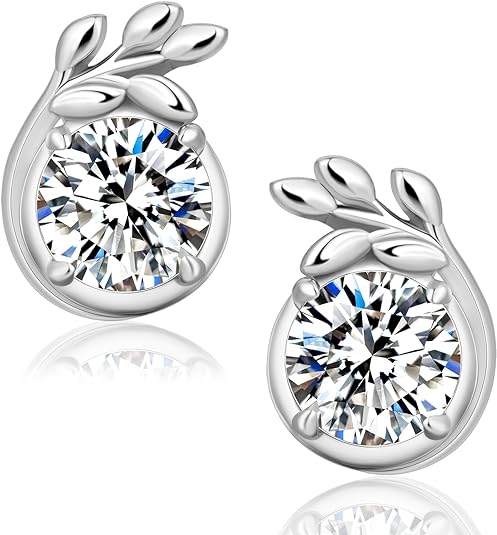 ONE PAIR: 18K White Gold Plated in 925 Sterling Silver Stud Earrings HIGH QUALITY MOISSANITE DIAMOND Brilliant ROUND Cut