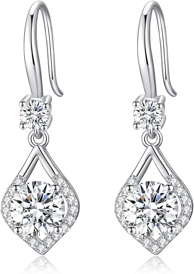 ONE PAIR: 18K White Gold Plated in 925 Sterling Silver Dangle Drop Earrings HIGH QUALITY MOISSANITE DIAMOND Brilliant ROUND Cut 4ct