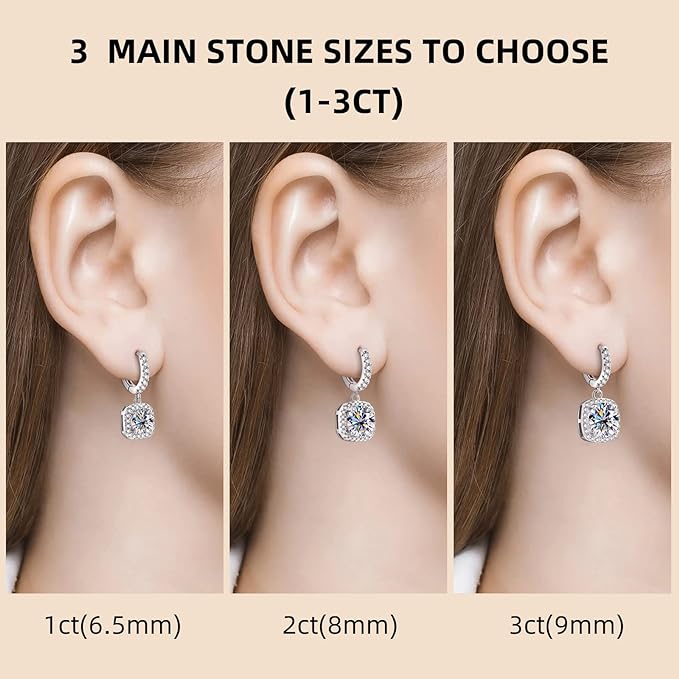 ONE PAIR: 18K White Gold Plated in 925 Sterling Silver Huggie Hoop Earrings Dangle Drop Earrings HIGH QUALITY MOISSANITE DIAMOND Brilliant ROUND Cut 2ct (6.5mm/1ct*2)