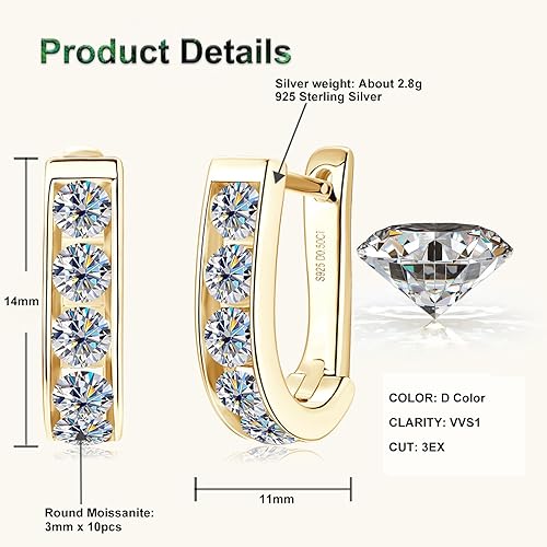 ONE PAIR: 18K Yellow Gold Plated in 925 Sterling Silver Hoop Earrings HIGH QUALITY MOISSANITE DIAMOND Brilliant ROUND Cut