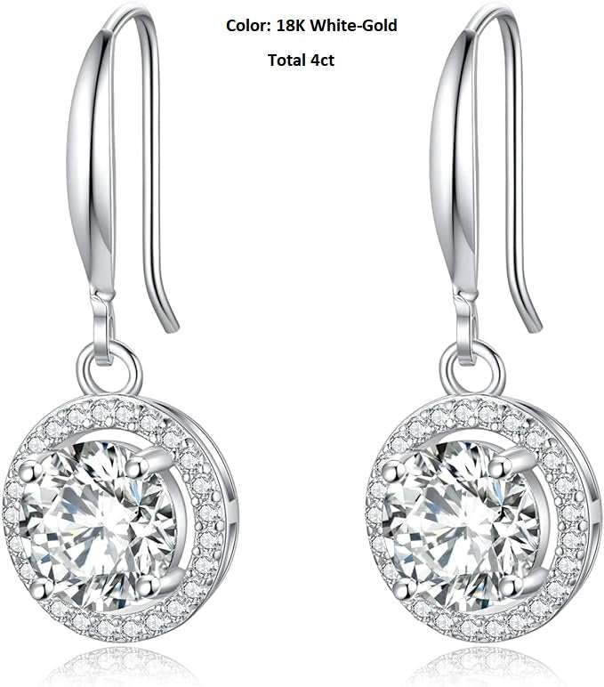 ONE PAIR: 18K White Gold Plated in 925 Sterling Silver Dangle Drop Earrings HIGH QUALITY MOISSANITE DIAMOND Brilliant ROUND Cut 4ct