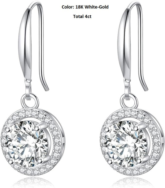 ONE PAIR: 18K White Gold Plated in 925 Sterling Silver Dangle Drop Earrings HIGH QUALITY MOISSANITE DIAMOND Brilliant ROUND Cut 4ct