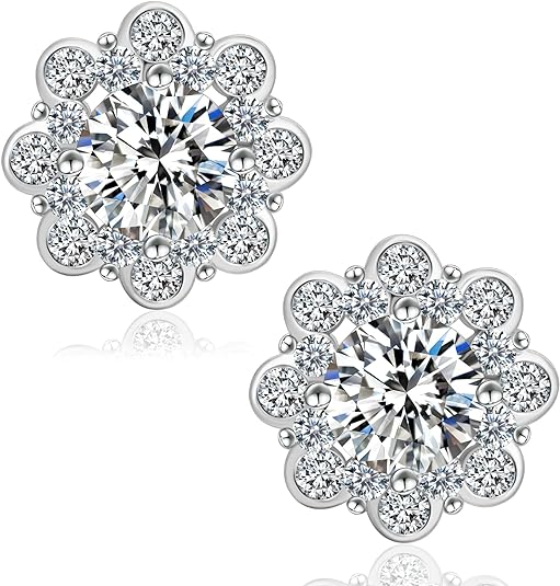 ONE PAIR: 18K White Gold Plated in 925 Sterling Silver Stud Earrings HIGH QUALITY MOISSANITE DIAMOND Brilliant ROUND Cut