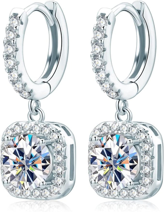 ONE PAIR: 18K White Gold Plated in 925 Sterling Silver Huggie Hoop Earrings Dangle Drop Earrings HIGH QUALITY MOISSANITE DIAMOND Brilliant ROUND Cut 2ct (6.5mm/1ct*2)