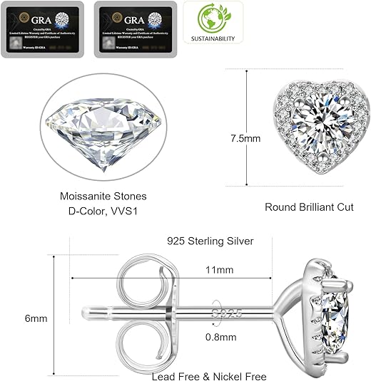 ONE PAIR: 18K White Gold Plated in 925 Sterling Silver Stud Earrings HIGH QUALITY MOISSANITE DIAMOND Brilliant ROUND Cut