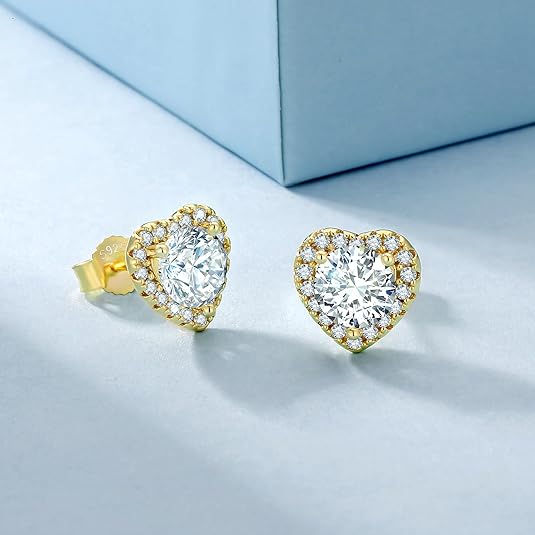ONE PAIR: 18K Yellow Gold Plated in 925 Sterling Silver Stud Earrings HIGH QUALITY MOISSANITE DIAMOND Brilliant ROUND Cut 2 Carats-Classic Hearts