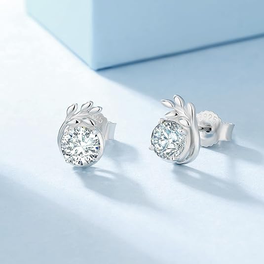 ONE PAIR: 18K White Gold Plated in 925 Sterling Silver Stud Earrings HIGH QUALITY MOISSANITE DIAMOND Brilliant ROUND Cut