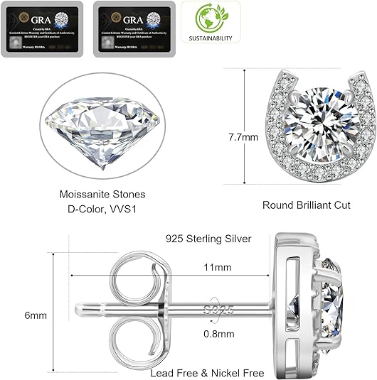 ONE PAIR: 18K White Gold Plated in 925 Sterling Silver Stud Earrings HIGH QUALITY MOISSANITE DIAMOND Brilliant ROUND Cut 1 Carats-Horseshoe