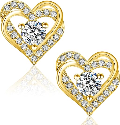 ONE PAIR: 18K Yellow Gold Plated in 925 Sterling Silver Stud Earrings HIGH QUALITY MOISSANITE DIAMOND Brilliant ROUND Cut 0.6 Carats-Crossed Heart-Gold