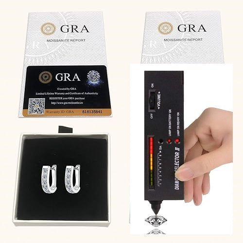 ONE PAIR: 18K White Gold Plated in 925 Sterling Silver Hoop Earrings HIGH QUALITY MOISSANITE DIAMOND Brilliant ROUND Cut