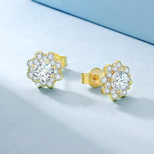 ONE PAIR: 18K Yellow Gold Plated in 925 Sterling Silver Stud Earrings HIGH QUALITY MOISSANITE DIAMOND Brilliant ROUND Cut1 Carats-Romantic Flowers-Yellow Gold