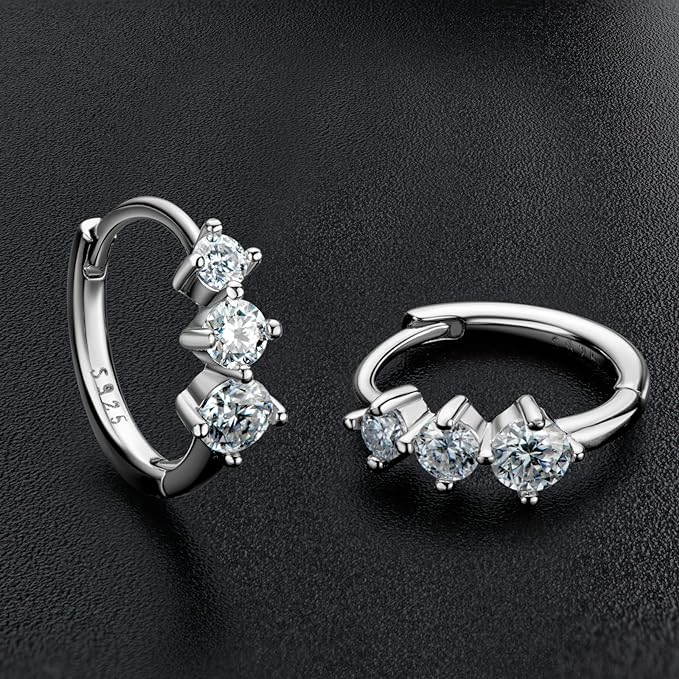 ONE PAIR: 14K White Gold Plated in 925 Sterling Silver Hoop Earrings HIGH QUALITY MOISSANITE DIAMOND Brilliant ROUND Cut