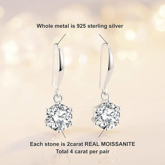 ONE PAIR: 18K White Gold Plated in 925 Sterling Silver Dangle Drop Earrings HIGH QUALITY MOISSANITE DIAMOND Brilliant ROUND Cut 2ct