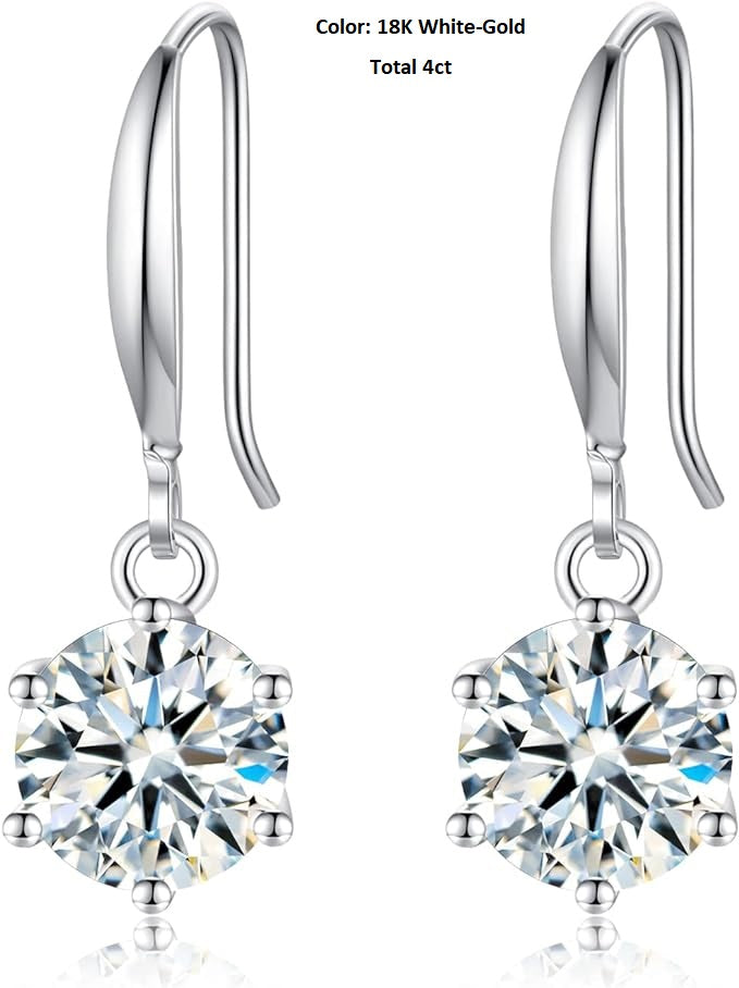 ONE PAIR: 18K White Gold Plated in 925 Sterling Silver Dangle Drop Earrings HIGH QUALITY MOISSANITE DIAMOND Brilliant ROUND Cut 4ct