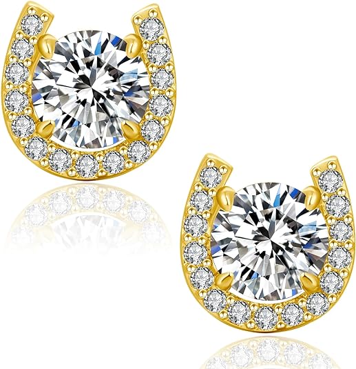 ONE PAIR: 18K Yellow Gold Plated in 925 Sterling Silver Stud Earrings HIGH QUALITY MOISSANITE DIAMOND Brilliant ROUND Cut 1Carats-Horseshoe Yellow Gold