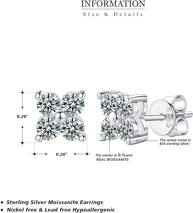 ONE PAIR: 925 Sterling Silver MOISSANITE Earrings HIGH QUALITY MOISSANITE DIAMOND Brilliant ROUND CUT