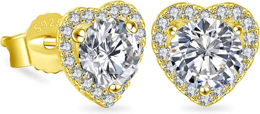 ONE PAIR: 18K Yellow Gold Plated in 925 Sterling Silver Stud Earrings HIGH QUALITY MOISSANITE DIAMOND Brilliant ROUND Cut 2 Carats-Classic Hearts