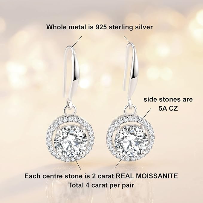 ONE PAIR: 18K White Gold Plated in 925 Sterling Silver Dangle Drop Earrings HIGH QUALITY MOISSANITE DIAMOND Brilliant ROUND Cut 4ct