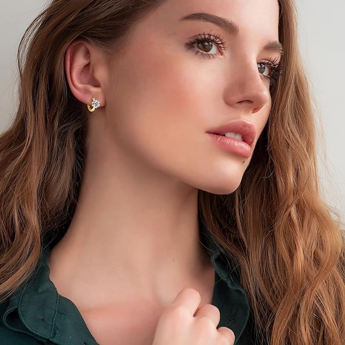 ONE PAIR: 14K Yellow Gold Plated in 925 Sterling Silver Hoop Earrings HIGH QUALITY MOISSANITE DIAMOND Brilliant ROUND Cut 2ct